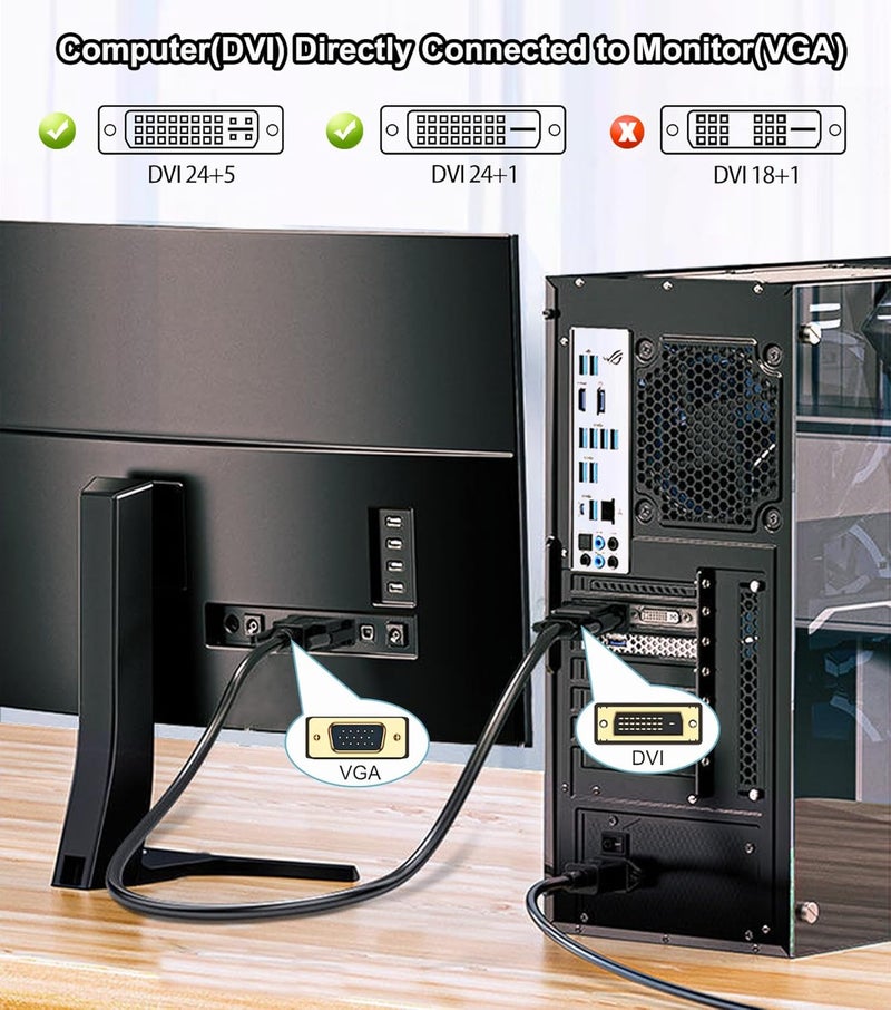 AKWOR كابل DVI إلى VGA بطول 6 أقدام، محول DVI-D 24+1 إلى VGA كابل ذكر إلى ذكر مع واجهات مطلية بالذهب لعرض الكمبيوتر، وحدة المعالجة المركزية، اللابتوب، بطاقة الرسوميات إلى HDTV، الشاشة، الشاشة العرض، البروجيكتور - Image 5